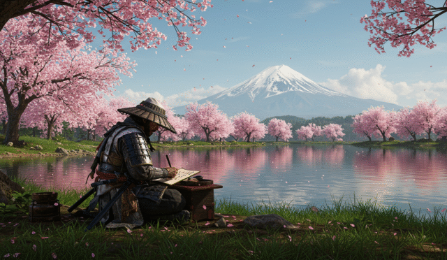 A player character in Ghost of Tsushima composing a haiku by a beautiful serene lake surrounded by cherry blossoms with a view of Mount Fuji in the background