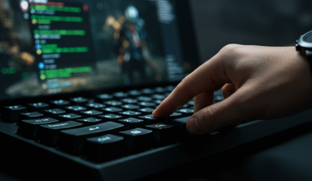 A close-up of a keyboard with a hand pressing the tilde key and glowing console commands appearing on a game screen in the background