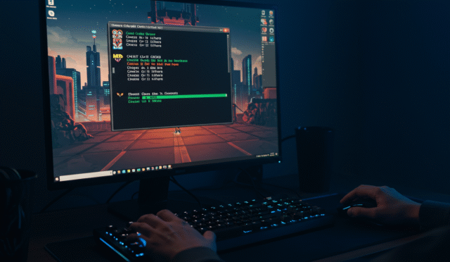 A computer screen displaying a video game interface with a console open showing various cheat codes being typed in with a keyboard and mouse in the foreground