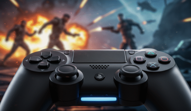 a detailed close-up of a game controller with iconic button symbols and a blurred background of gameplay action