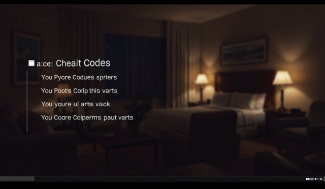 a computer screen displaying cheat codes for a visual novel game with a notepad icon in the corner and a blurred background of a hotel room