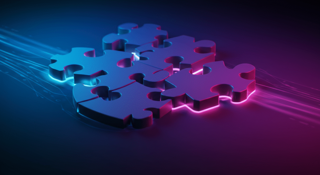 an abstract representation of puzzle pieces coming together with glowing effects technology concept