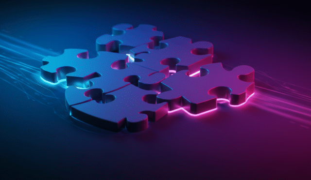 an abstract representation of puzzle pieces coming together with glowing effects technology concept