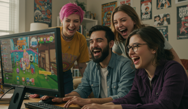 a group of friends laughing and playing a comedy adventure game on a computer
