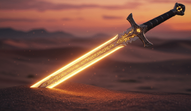 a close up of a legendary weapon or armor piece glowing with golden light against a blurred desert landscape