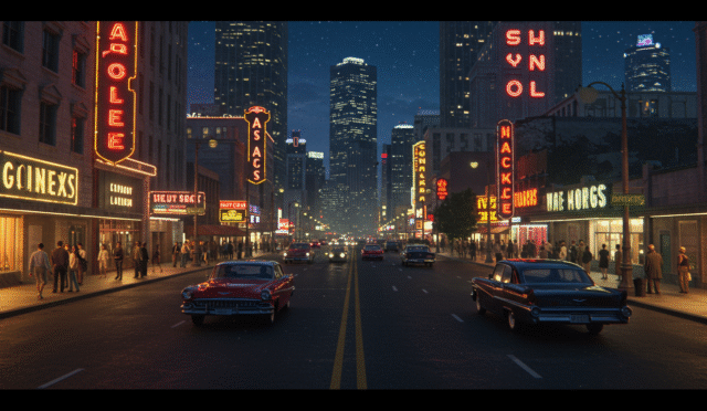 open world city skyline at night 1950s style classic cars street lights neon signs