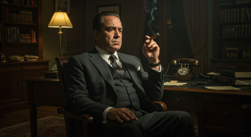 vintage mafia boss smoking cigar in dark room contemplating strategy character portrait