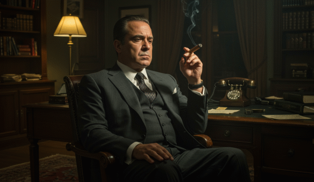 vintage mafia boss smoking cigar in dark room contemplating strategy character portrait