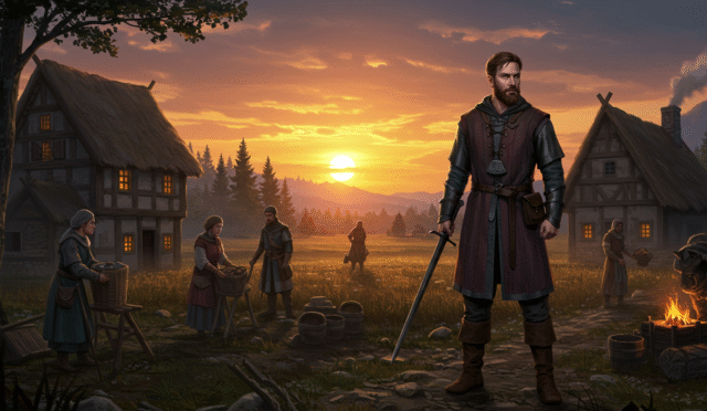medieval dynasty village life building medieval houses with people working in fields and crafting medieval characters in a fantasy setting a male character standing heroically in a medieval landscape at sunset