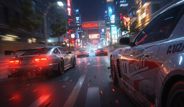 city street racing scene high speed action close up car blurred background dynamic movement realistic render