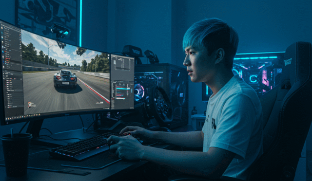 a gamer playing a racing game on a large screen with a controller in hand surrounded by gaming setup and glowing light