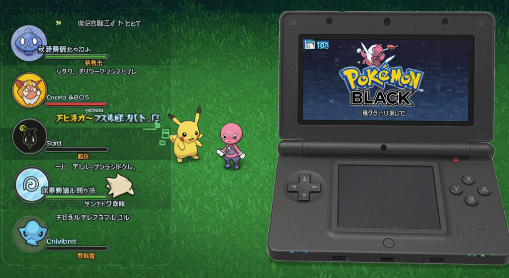 an action shot of a nintendo ds console displaying pokemon black gameplay with various cheat codes visible on a second screen or overlay indicating enhanced gameplay elements like fast movement or special encounters