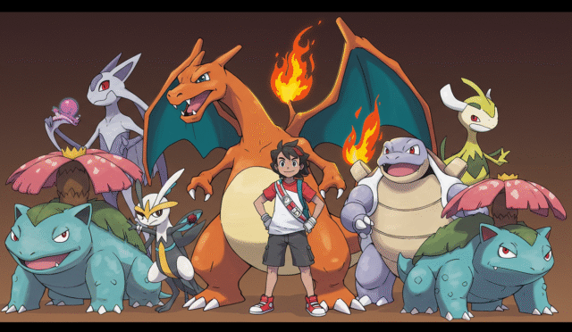 A diverse group of iconic Pokémon characters including Charizard Blastoise and Venusaur standing proudly around a young Pokémon trainer in a dynamic battle pose bright energetic colors a sense of accomplishment and teamwork