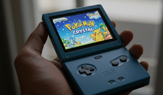 a hand holding a game boy color console displaying the pokemon crystal title screen