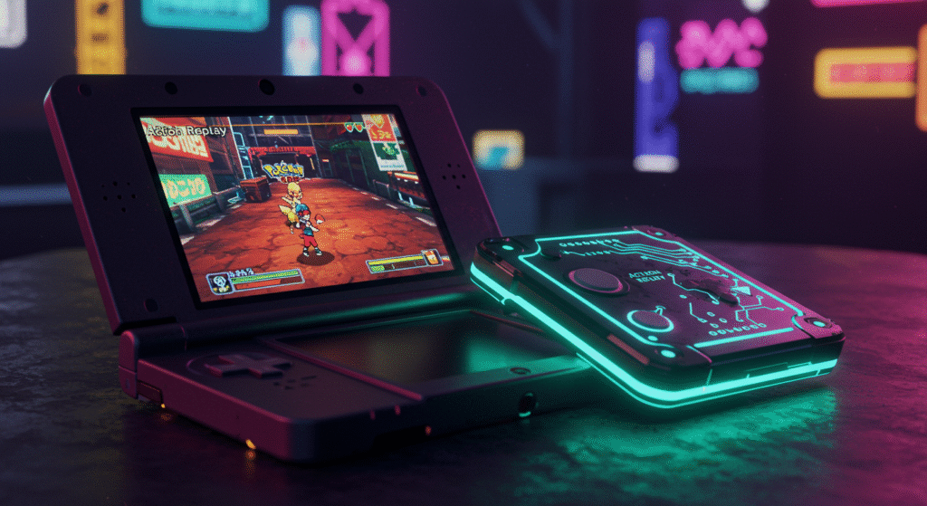 Close up of a Nintendo 3DS console displaying Pokemon Omega Ruby gameplay with a stylized Action Replay device attached to the side neon glow technology theme