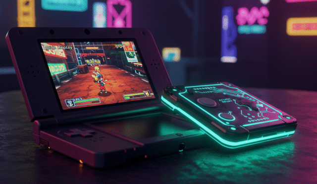 Close up of a Nintendo 3DS console displaying Pokemon Omega Ruby gameplay with a stylized Action Replay device attached to the side neon glow technology theme