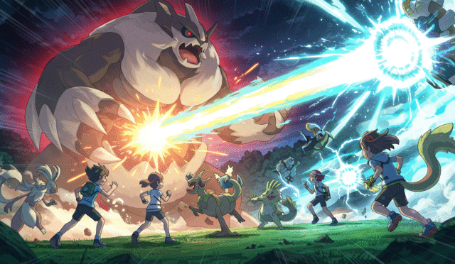 a dynamic battle scene featuring a giant dynamax pokemon against a team of trainers and their pokemon with powerful energy effects and bright lights in a modern anime style
