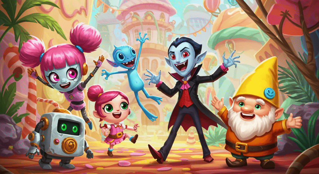 a group of diverse and quirky cartoon characters from a mobile game posing together in a vibrant and stylish environment