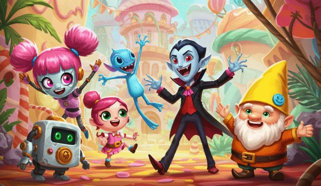 a group of diverse and quirky cartoon characters from a mobile game posing together in a vibrant and stylish environment