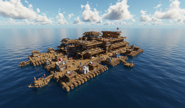 An aerial shot of a large elaborate multi-story raft built by players with various crafting stations and defenses surrounded by an endless ocean under a sunny sky