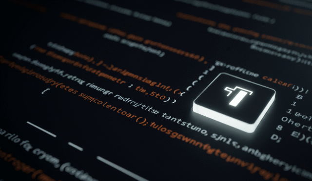 a close-up of a computer console displaying code and metrics with a glowing tilde key highlighted