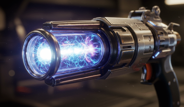 Detailed close up of the XPMR Burner Raygun glowing muzzle energy effects futuristic weapon design metallic textures