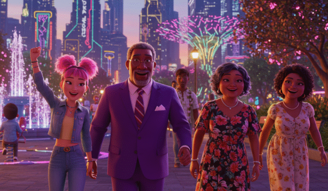close up of a diverse group of happy animated citizens walking around a vibrant city park with skyscrapers in the background and interactive elements
