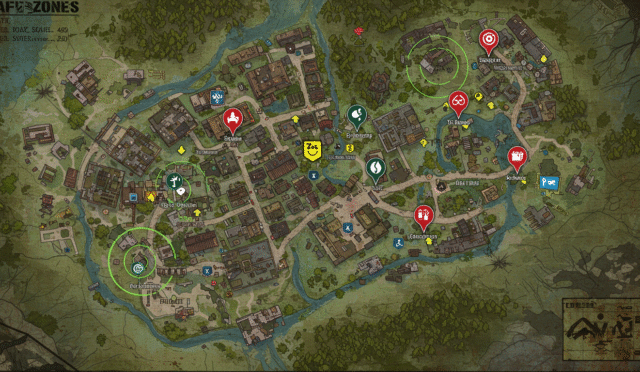 a detailed map of a post-apocalyptic town with marked safe zones and resource points strategic overview