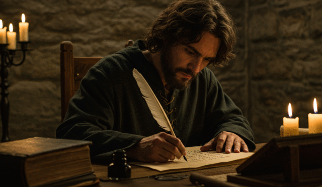 close up of a medieval scribe with quill and parchment in a dimly lit castle room