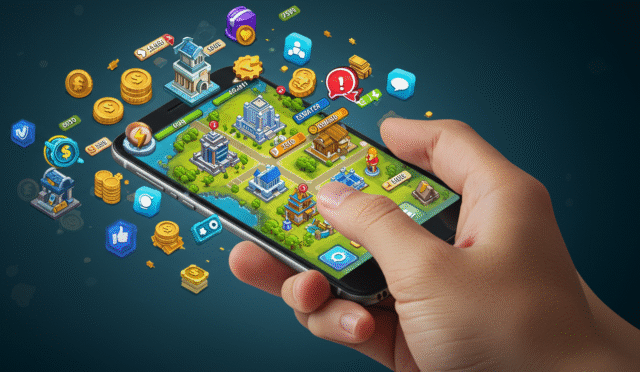 conceptual image representing strategic mobile gaming with small icons for energy currency and daily tasks surrounding a hand holding a smartphone playing a simulation game