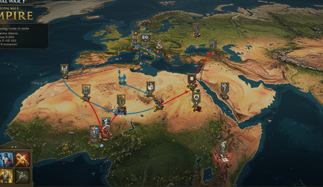a computer screen displaying a total war empire campaign map with strategic icons and unit movements dramatic lighting