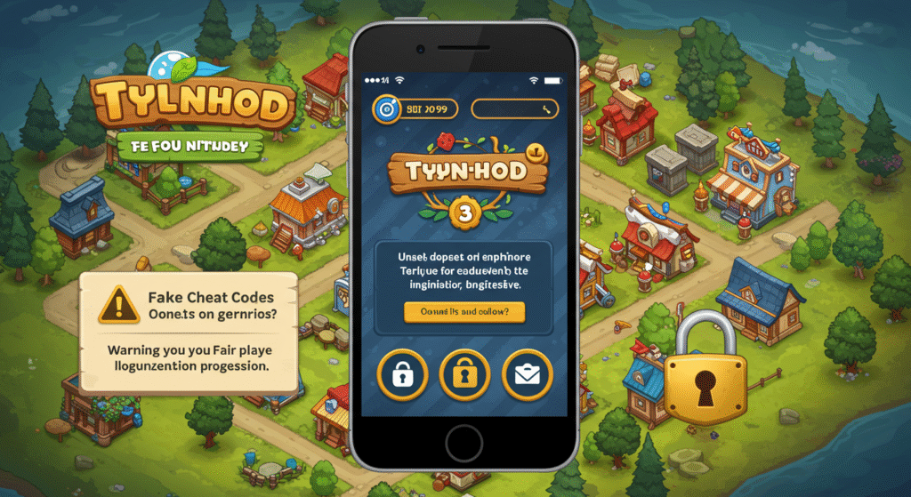 A mobile phone screen displaying the Township game interface with a warning message about fake cheat codes and a secure message encouraging fair play and legitimate progression a padlock icon and clear positive graphics