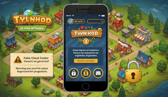 A mobile phone screen displaying the Township game interface with a warning message about fake cheat codes and a secure message encouraging fair play and legitimate progression a padlock icon and clear positive graphics