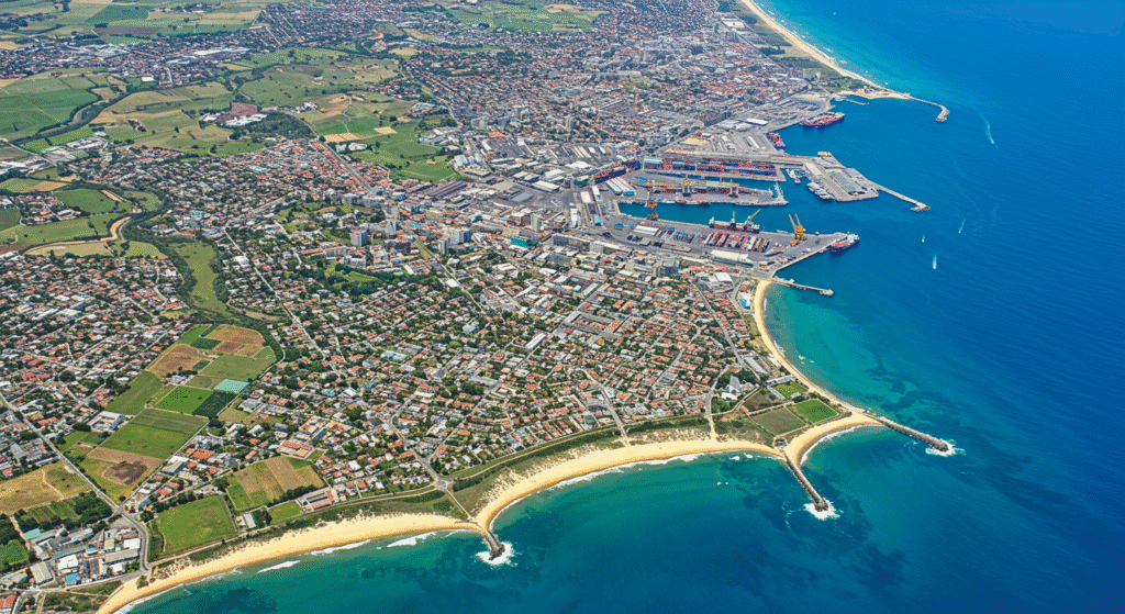 a detailed overhead view of a diverse city with residential industrial and agricultural zones and a clear blue ocean
