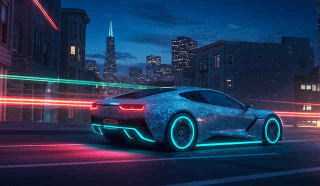 a unique futuristic car speeding through the streets of San Francisco at night with digital effects