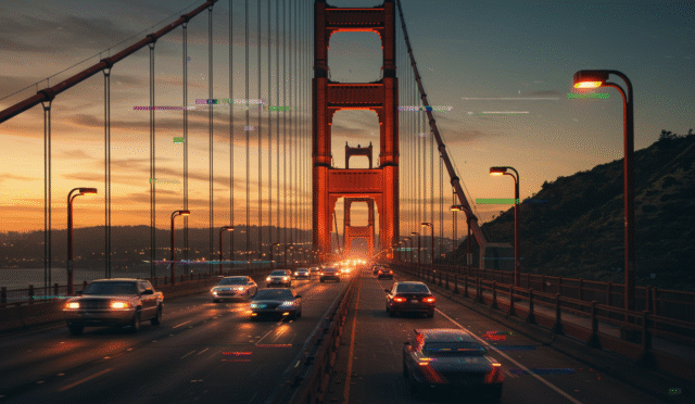 A dramatic car chase through the Golden Gate Bridge with digital interference effects showing hacking activity on vehicles and city infrastructure