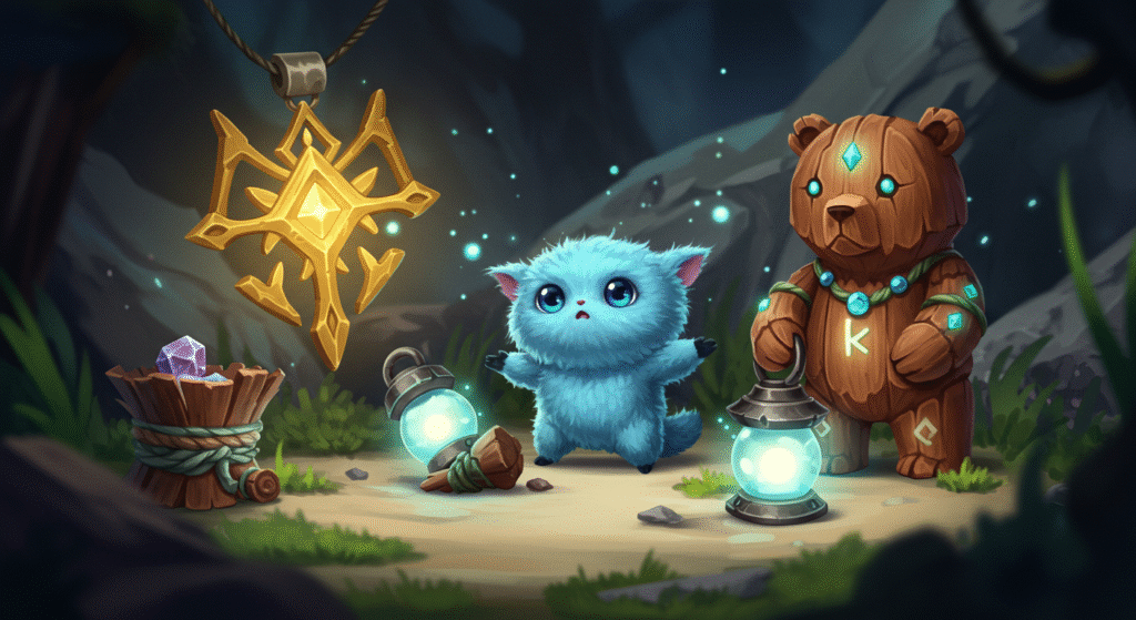 Various mystical and rare in-game items like a golden emblem a carved bear and a shimmering lantern floating around a playful creature