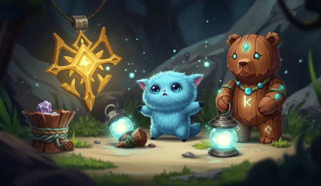 Various mystical and rare in-game items like a golden emblem a carved bear and a shimmering lantern floating around a playful creature