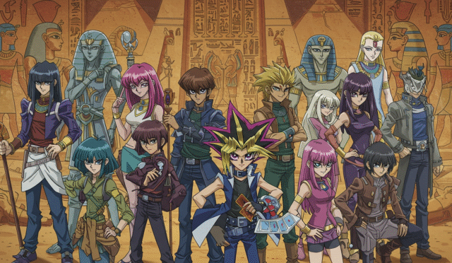 a diverse group of iconic yu-gi-oh characters standing together in a dynamic pose on a stylized ancient egypt background vibrant colors anime style detailed expressions